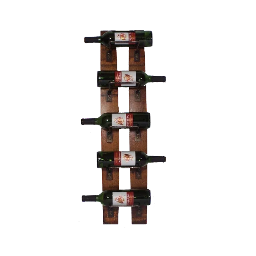 Wooden wine rack with five bottles on a white background